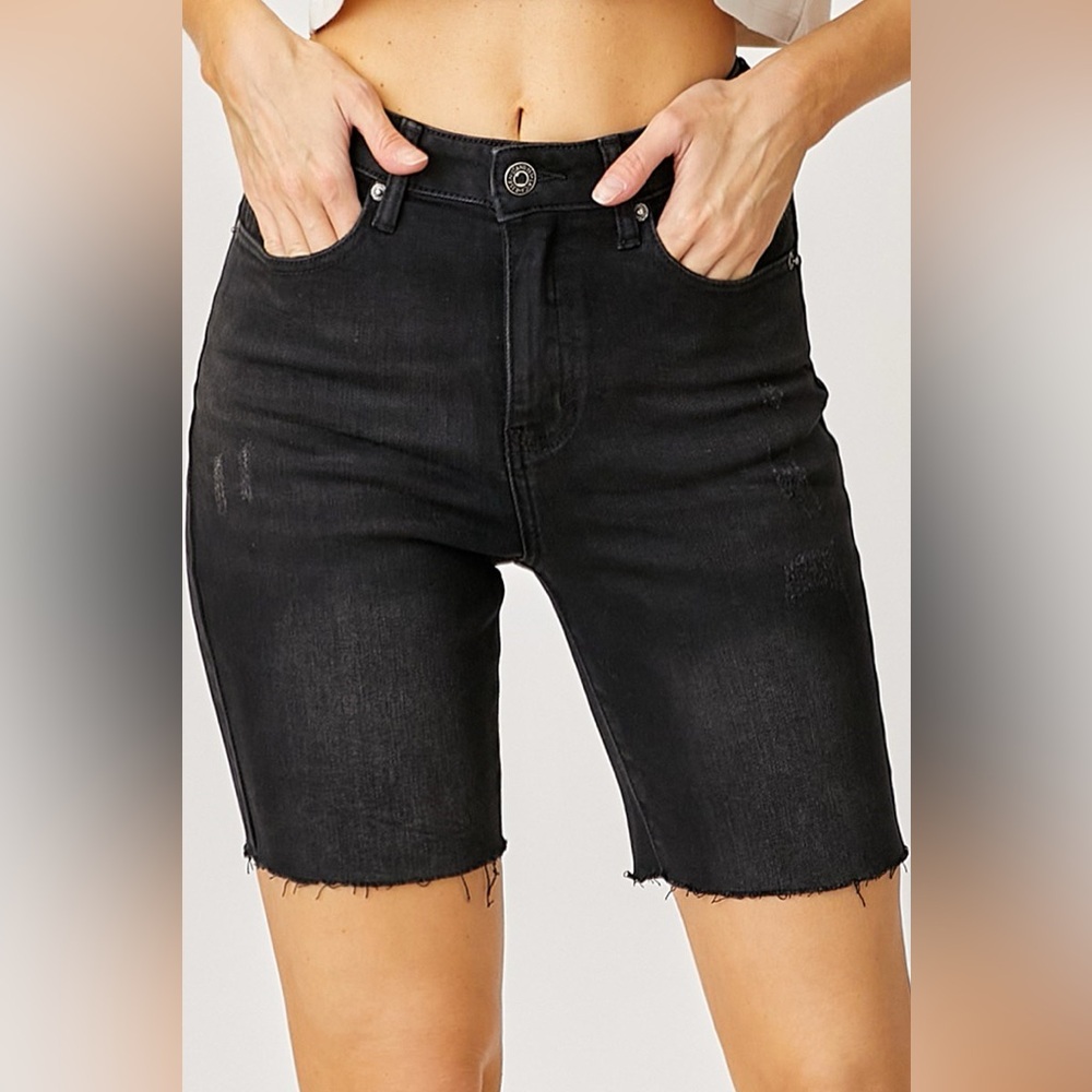 Risen Denim High Rise Raw Hem Mid Thigh Shorts